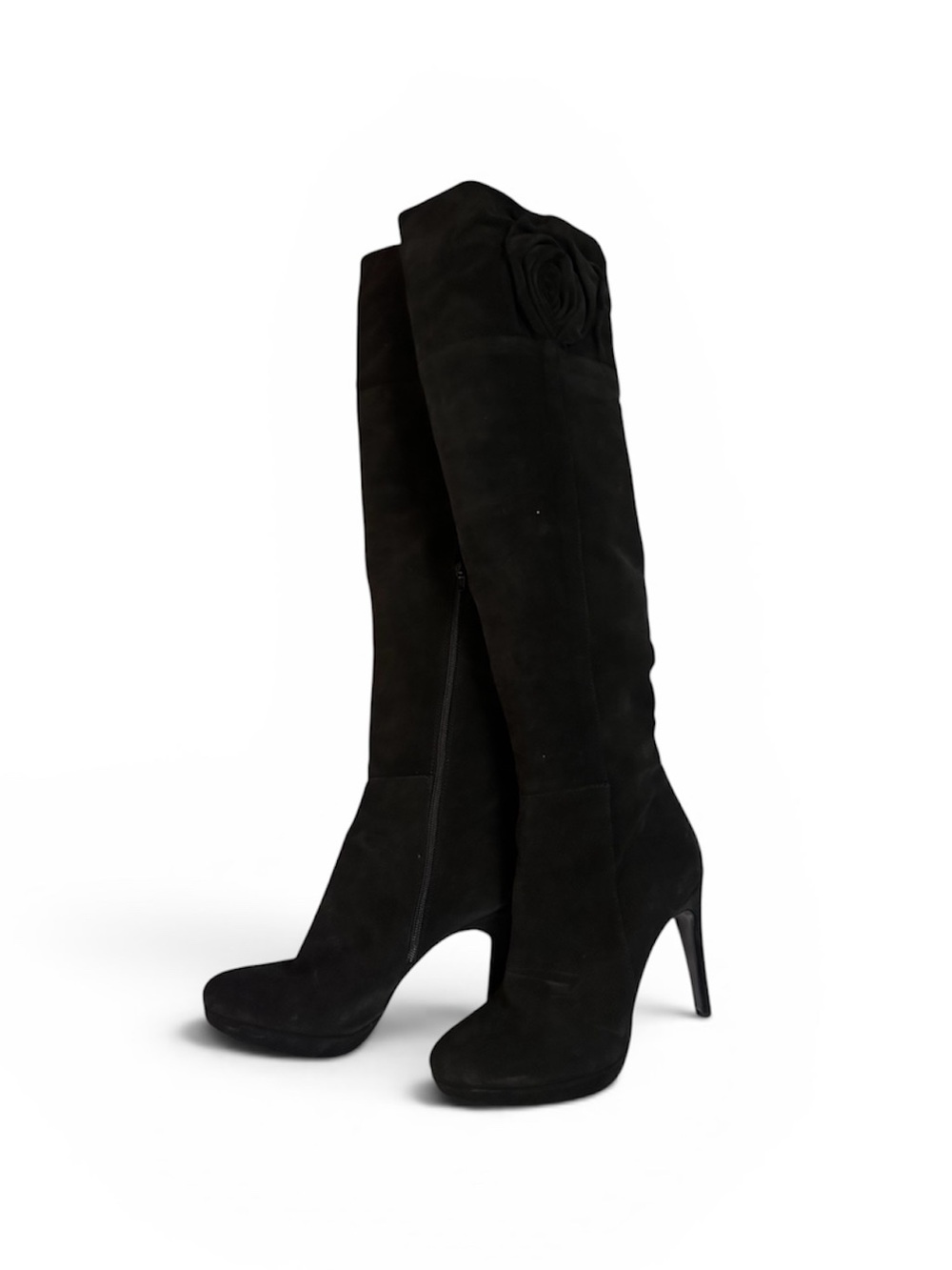 100% Made in Italy • Black Over-the-Knee Suede High Heel Boots with Rose Accent